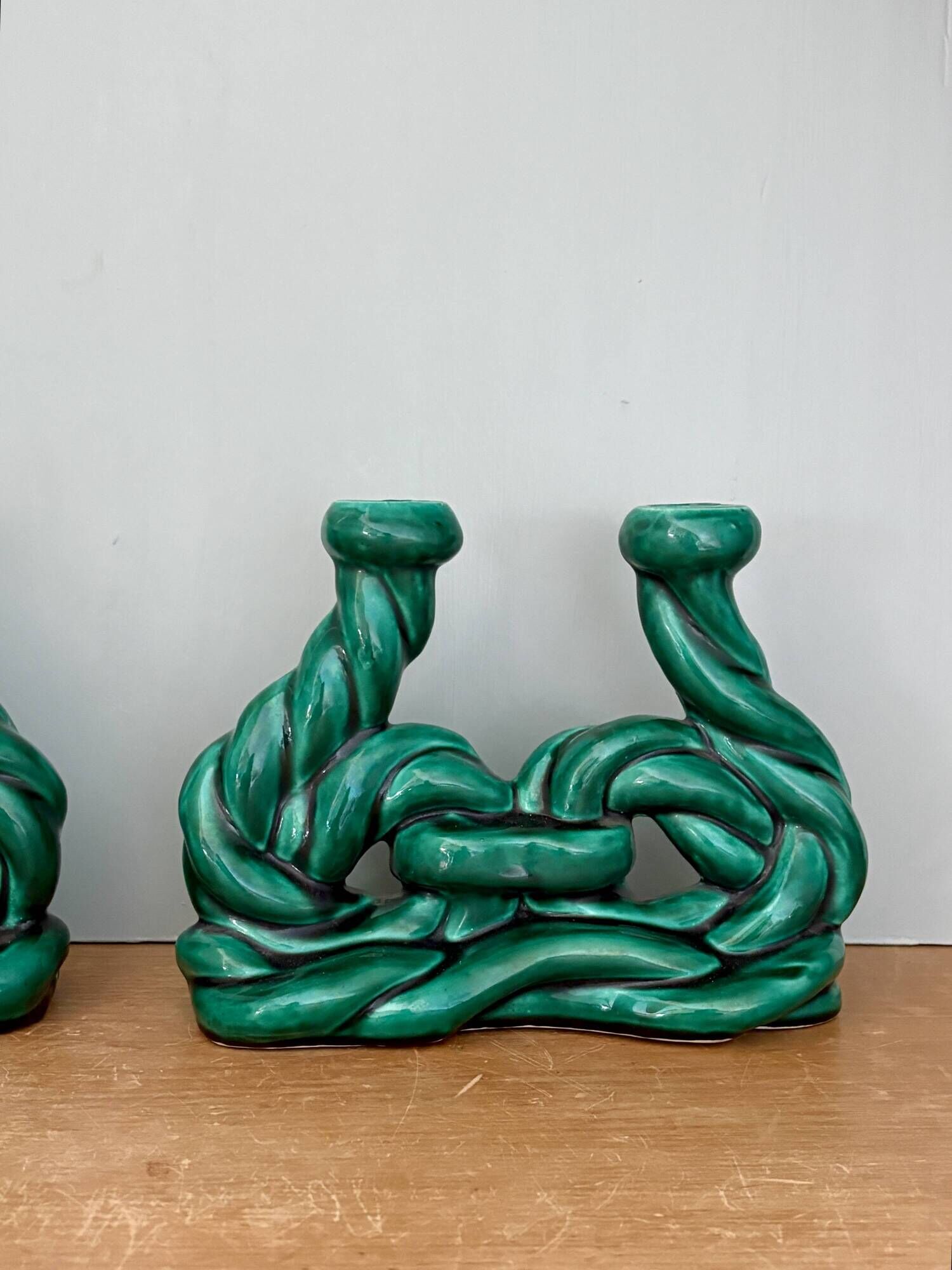 Pair of vintage green ceramic candlesticks signed Hubert Pernin, Vallauris.