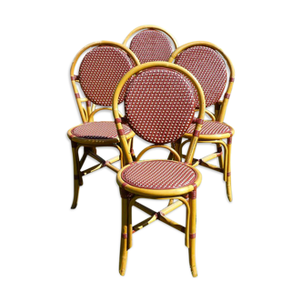 Lot of 4 chairs bistro terrace "Parisian" rattan and red braiding