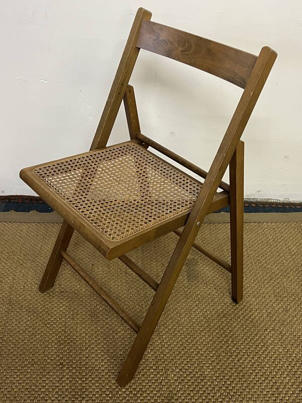 Chaise pliante en bois et cannage vintage