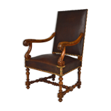 Louis XIII office armchair in leather and walnut carved around 1860