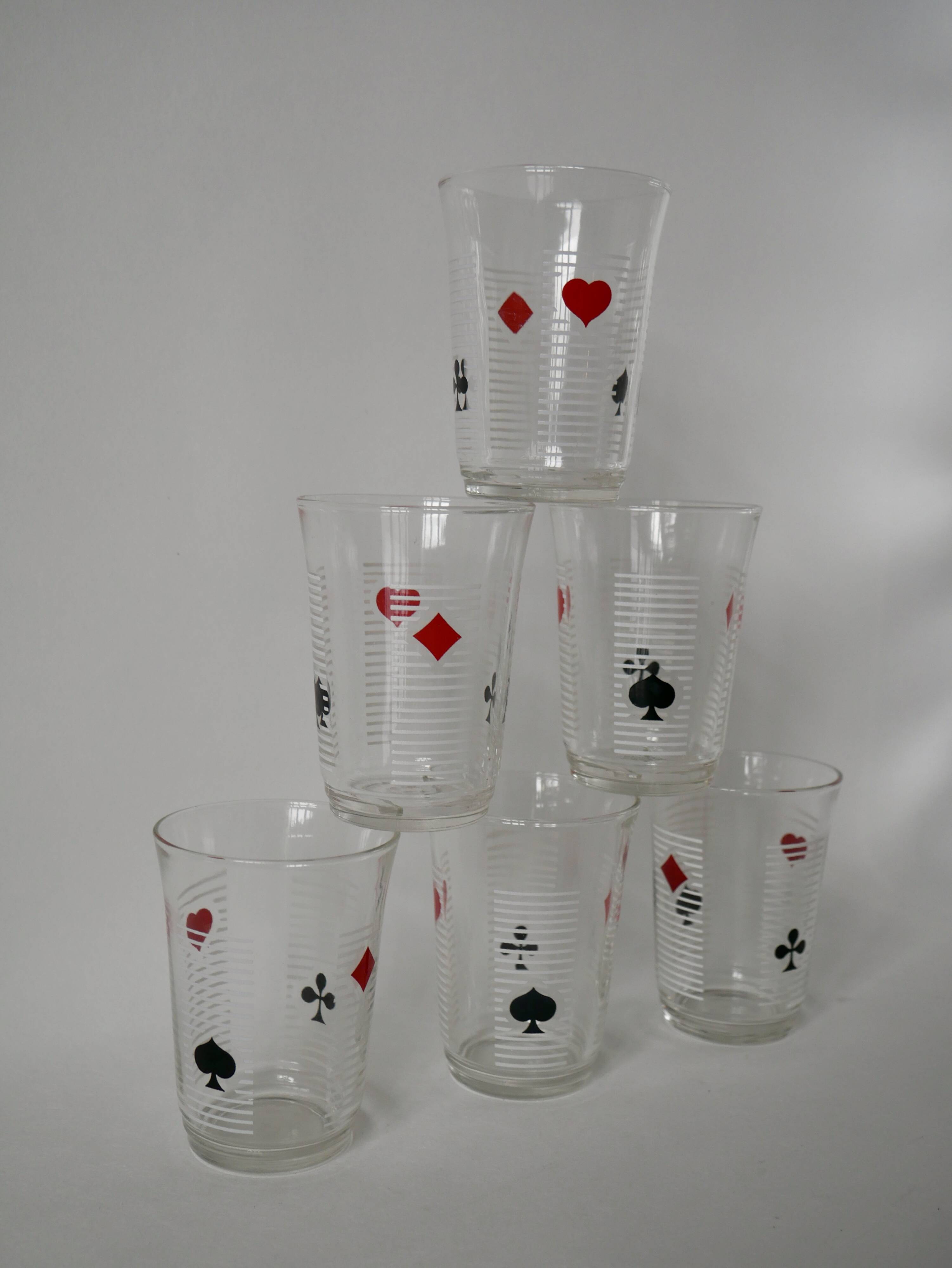 Set of 6 70s card game water glasses