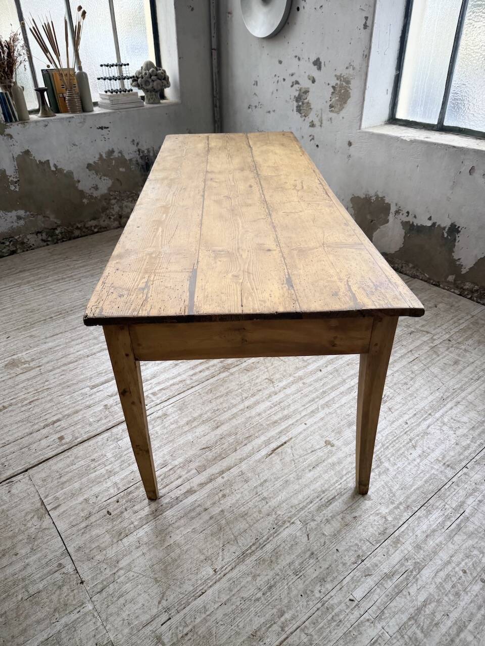 Pine and oak farmhouse table with multiple drawers, communal type, 240cm.