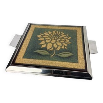 Space age floral green and yellow ceramic trivet, Spain, 1970s