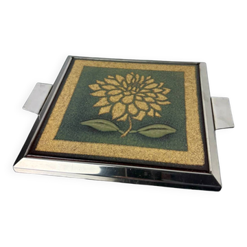 Space age floral green and yellow ceramic trivet, Spain, 1970s