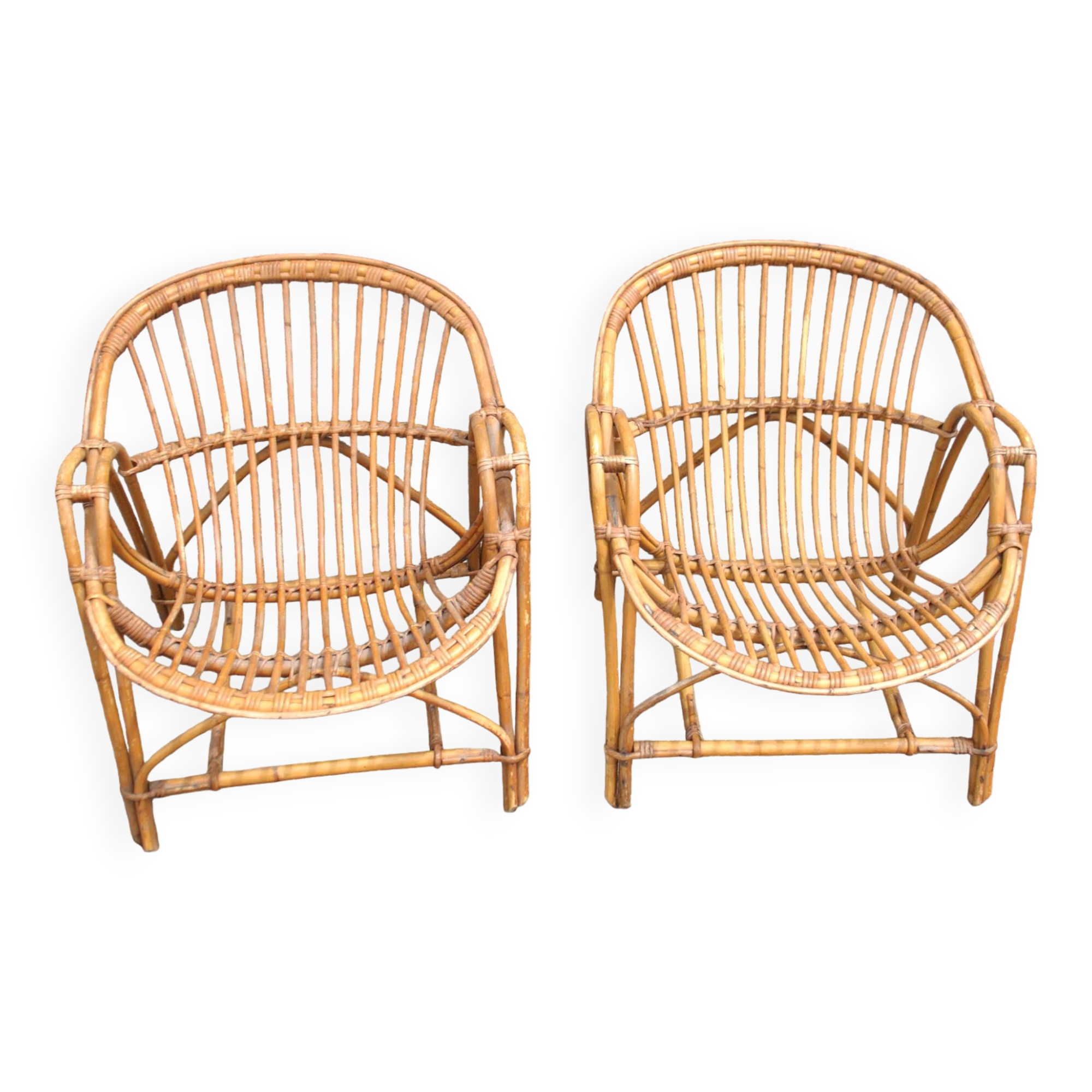 Set of 2 vintage bamboo and rattan shell armchairs 1960 - Terasse garden furniture