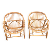 Set of 2 vintage bamboo and rattan shell armchairs 1960 - Terasse garden furniture