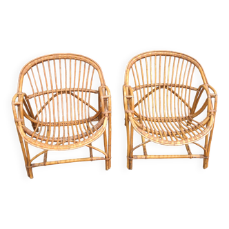 Lot de 2 fauteuils coquille en bambou et rotin vintage 1960 - Salon de jardin Terasse