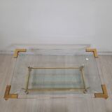 Table basse carrée en laiton, lucite et verre, Hollywood Regency