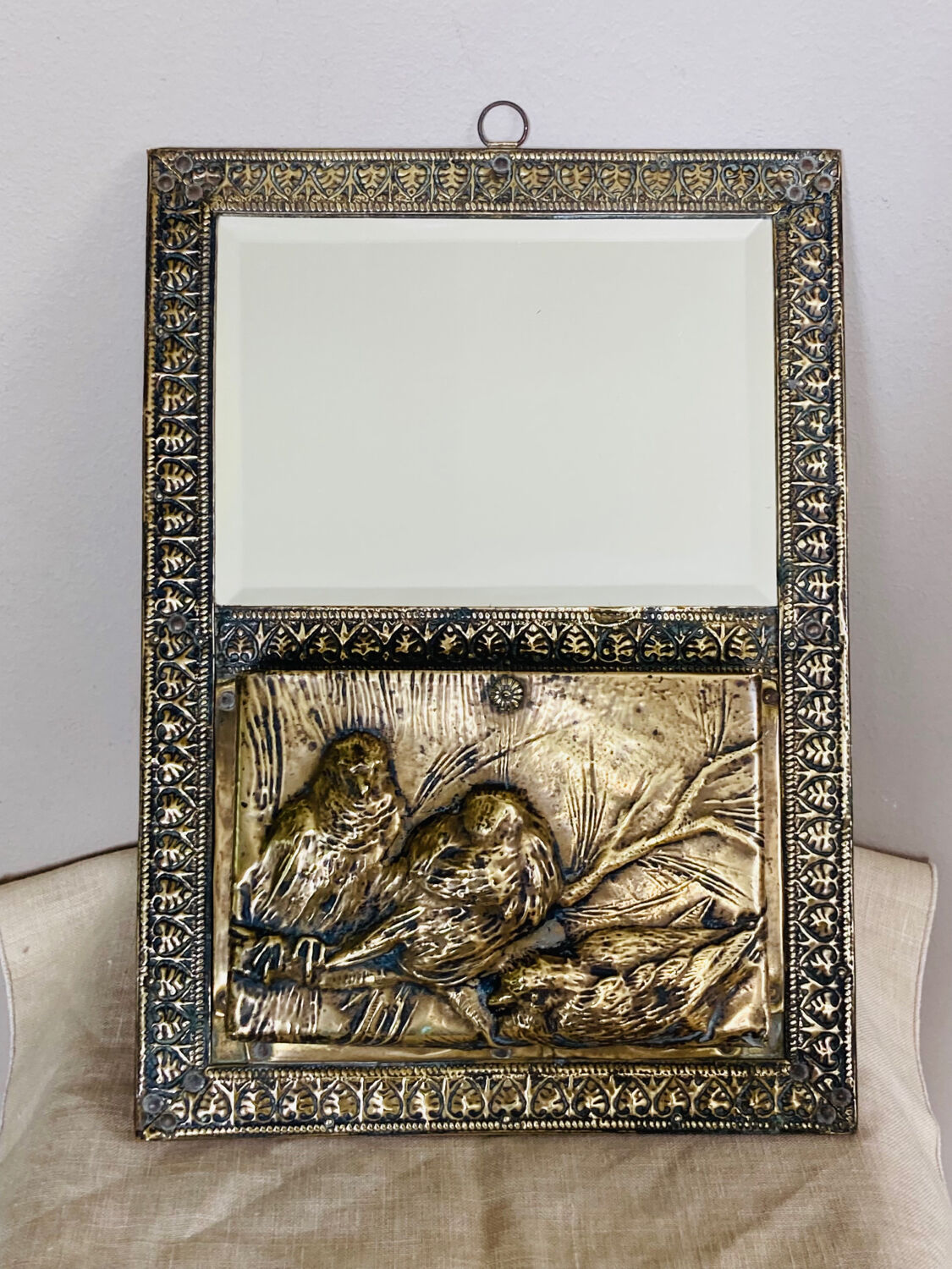 Art Nouveau mail rack in brass repelled beveled mirror early twentieth century