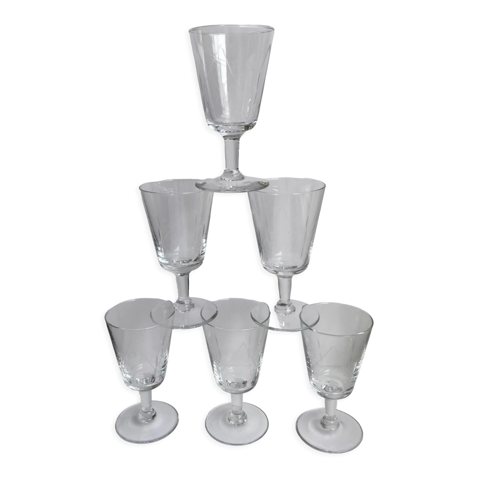 Set of 6 crystal wine glasses engraved 60s