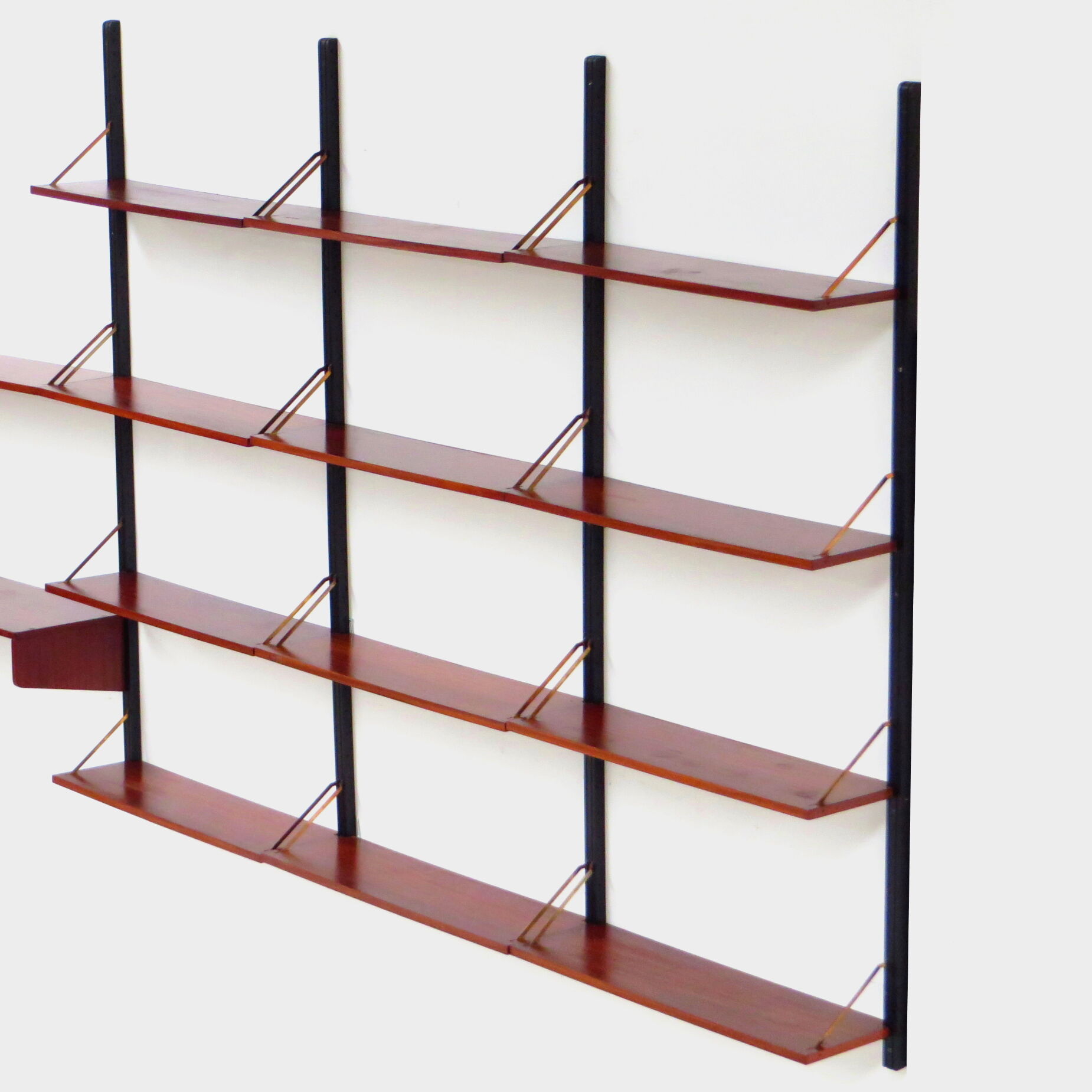 Mid century bookcase wall unit shelving system in teak with writing desk workstation, 1960s