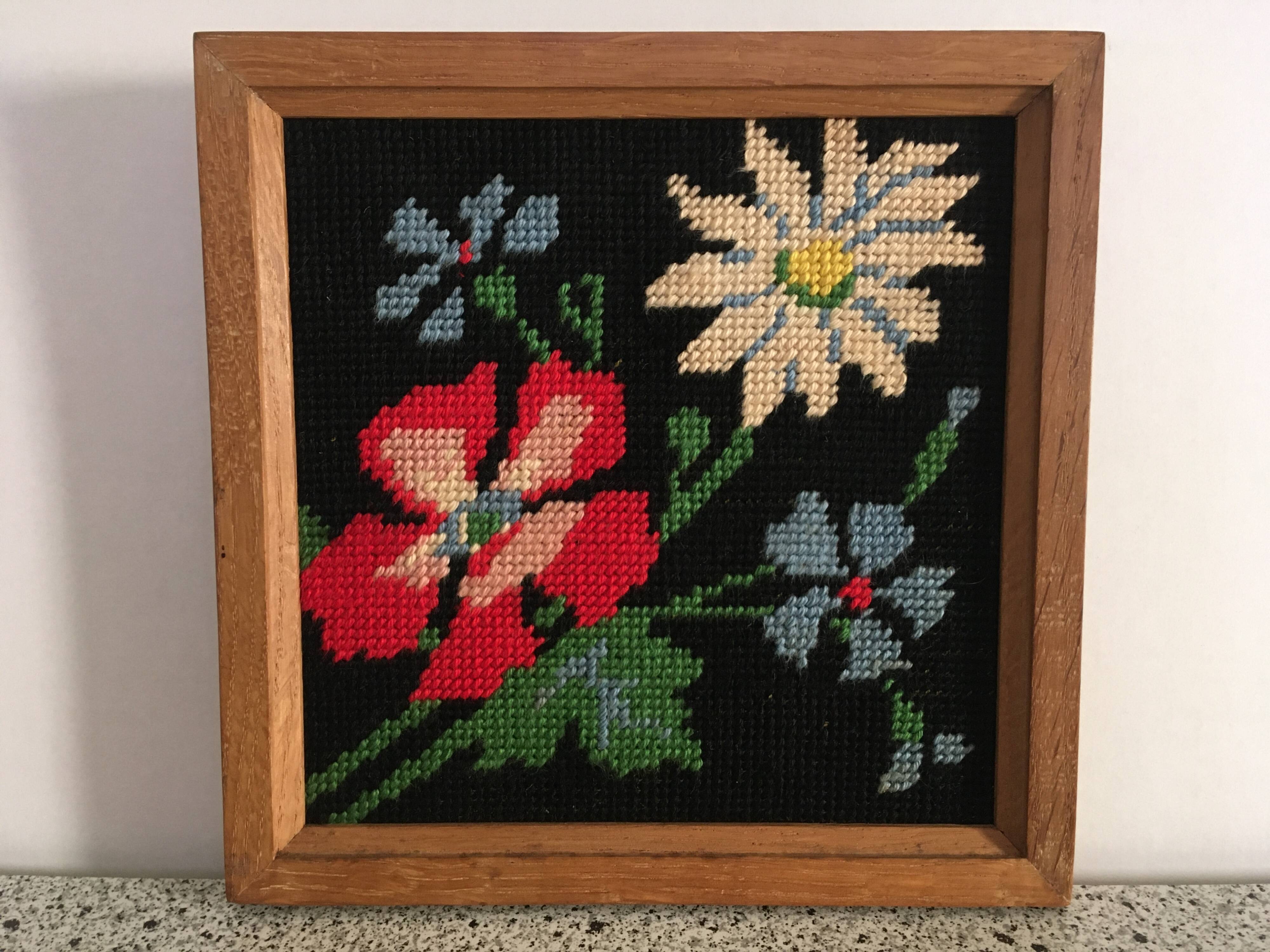 Pair of flower canvas tapestry frames from the 1970s