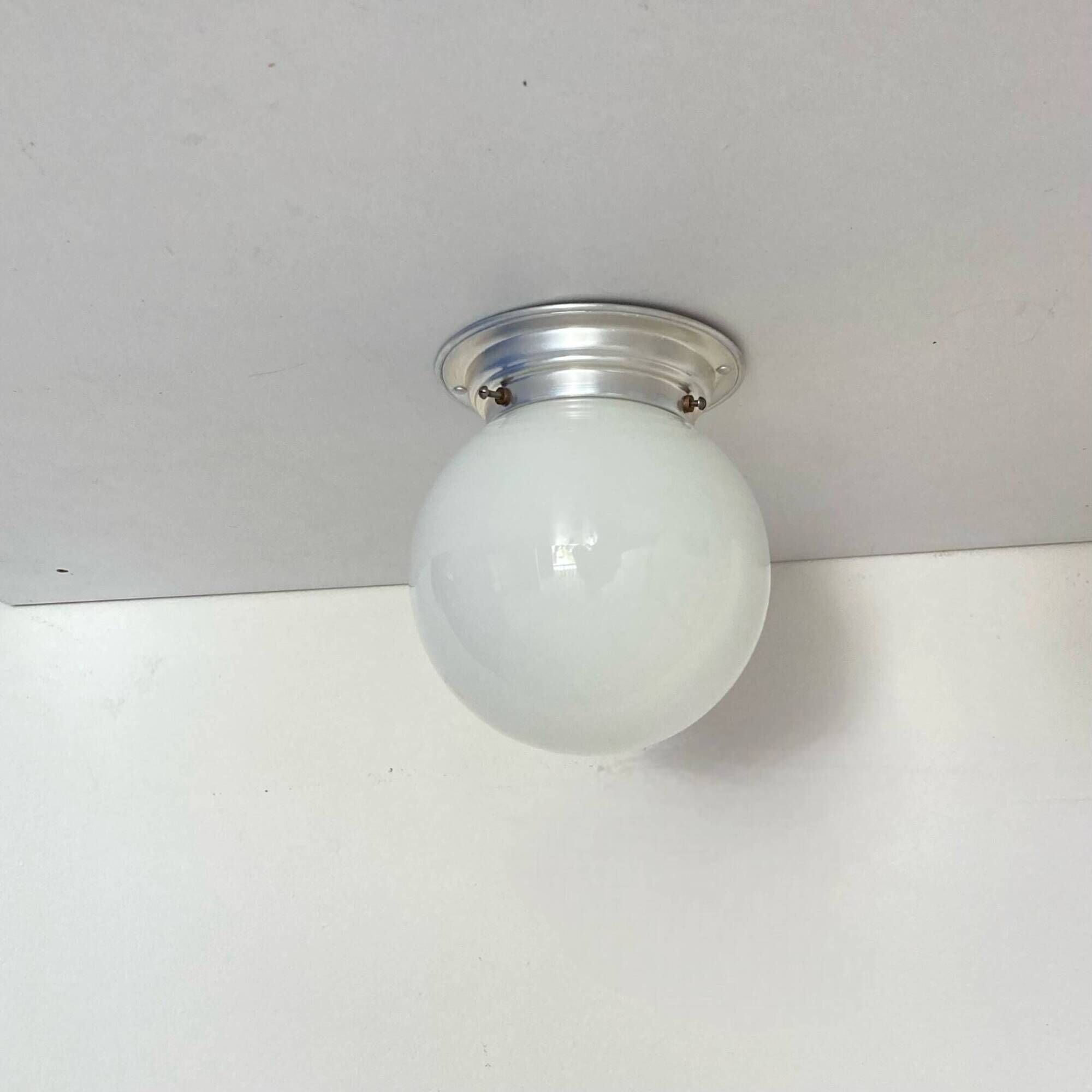 Old globe in opaline vintage wall or ceiling light diameter 15 cm and aluminum base LAMP-7127