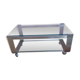 Table basse années 1970, en métal 2 tons et verre.