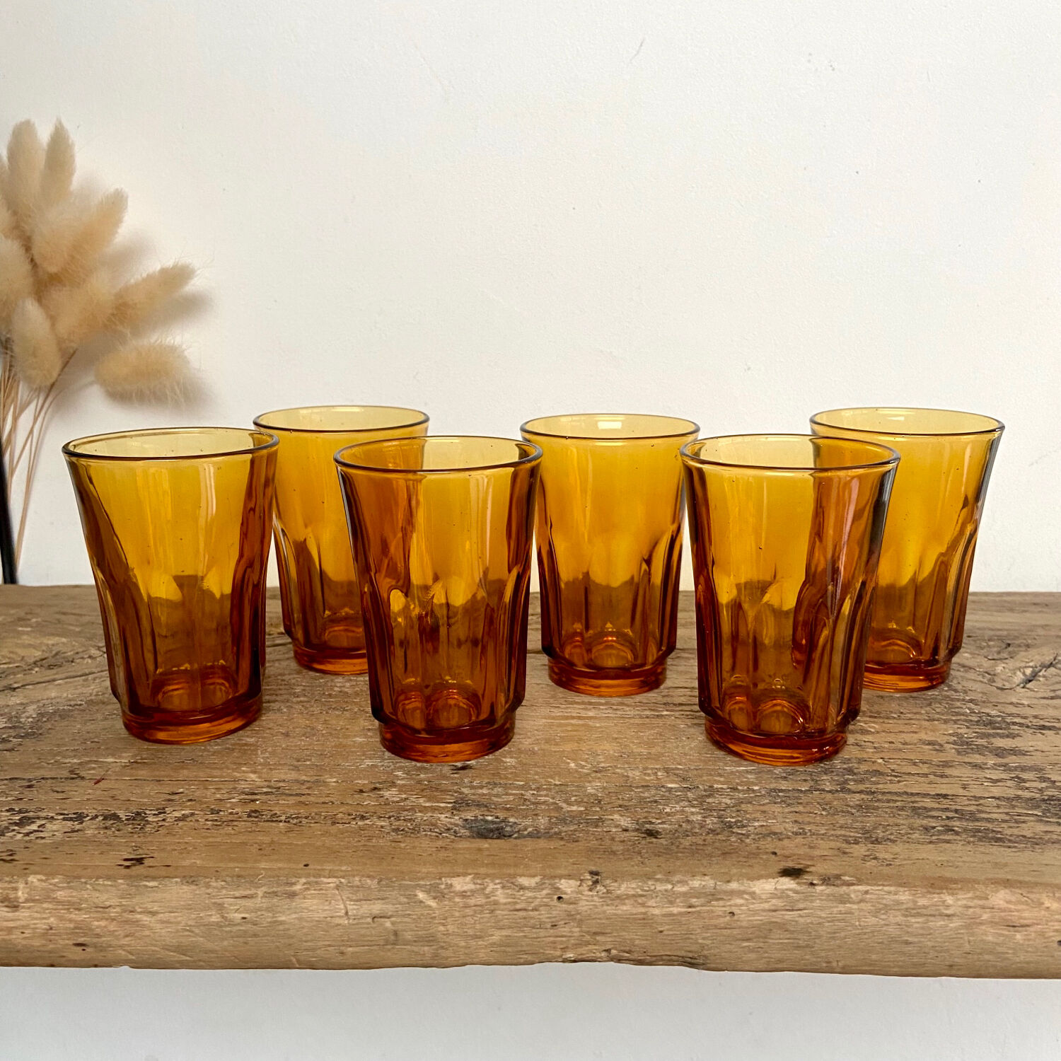 6 vintage amber glasses