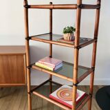 Large rattan shelf, leather strips and smoked glass 70s-80s