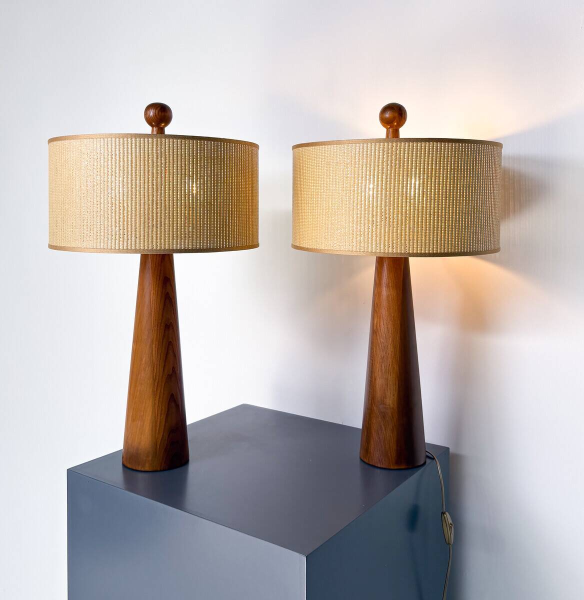 Pair of Modern Conical Wooden Table Lamps, Italy