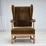 1970s, Scandinavian highback armchair, furniture corduroy, carved oak wood.