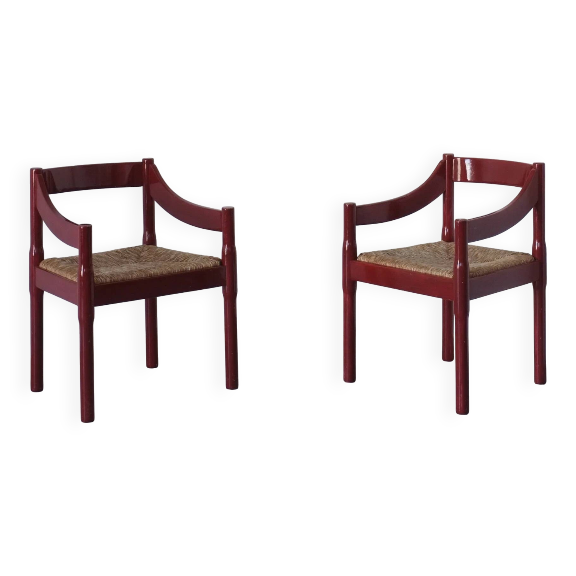 2 red Vico Magistretti “Carimate” style armchairs | Italy | 1970s