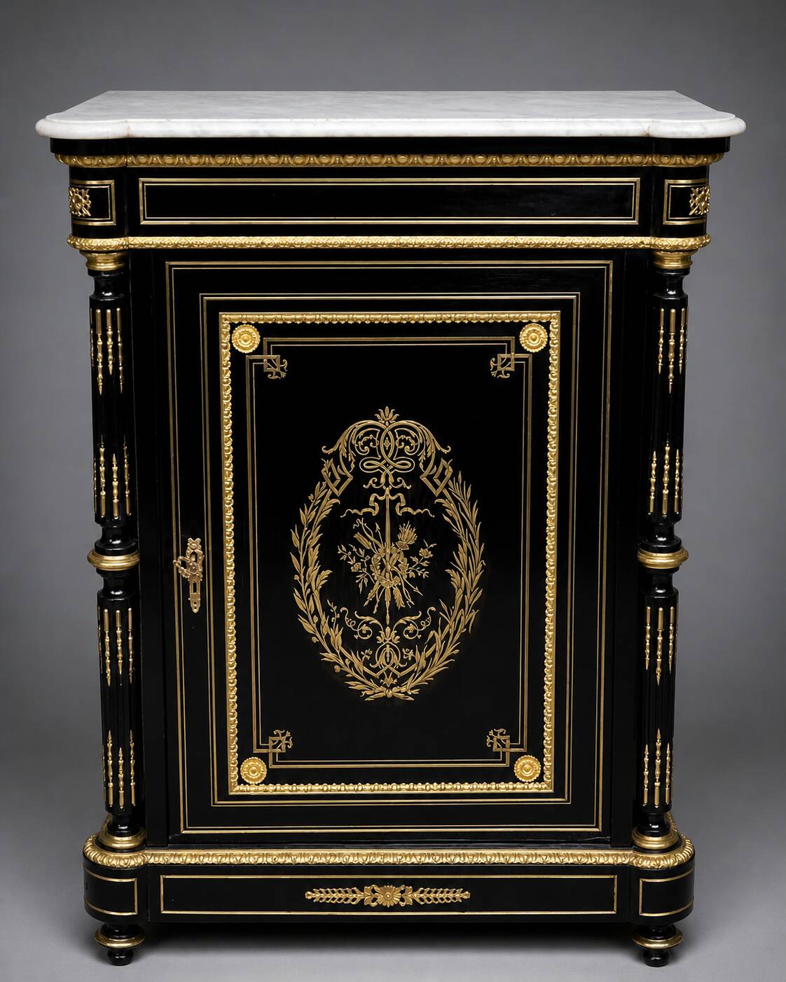 Napoleon III style commode, decorated with brass marquetry and gilded bronze mounts.