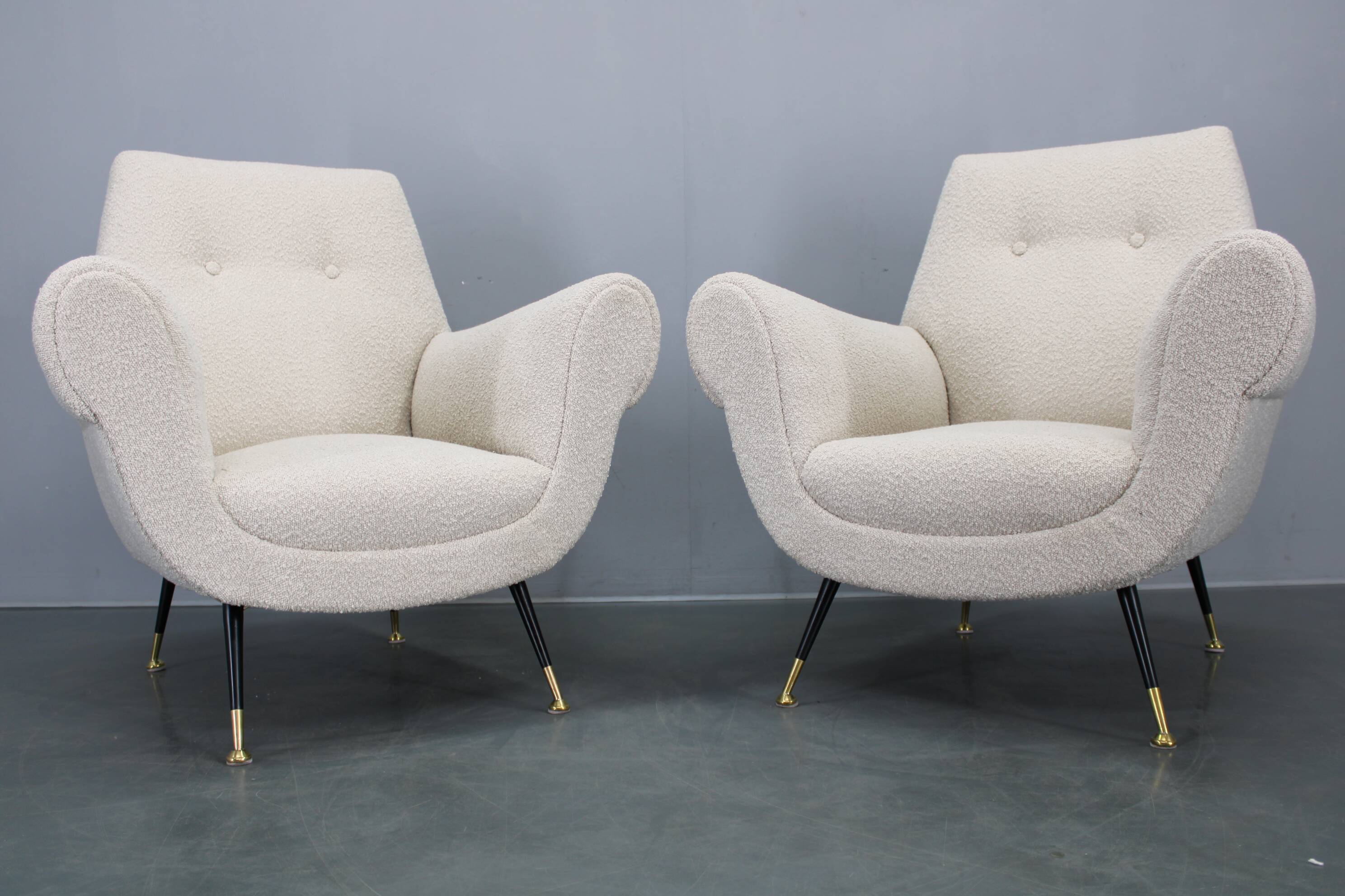 Pair of Italian mid-century boucle armchairs, iron & brass legs, 1950s