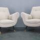 Pair of Italian mid-century boucle armchairs, iron & brass legs, 1950s