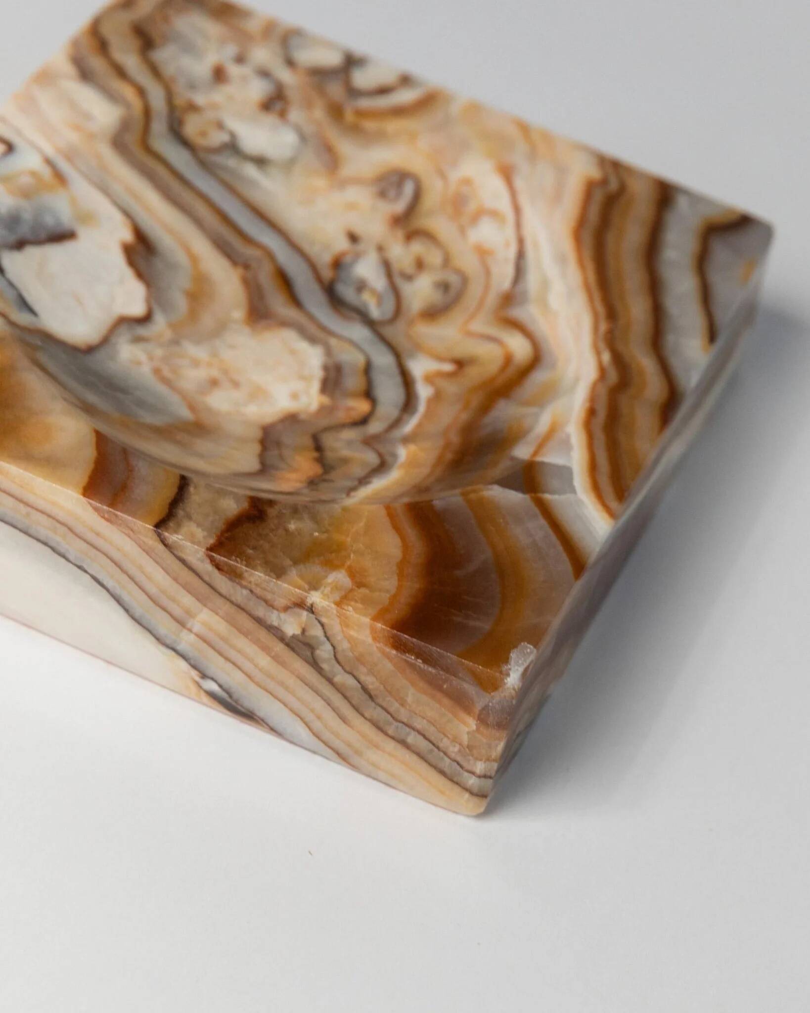 Beige-Black-Brown Marble Ashtray, Italian 1970s Design, Heavy Sculptural Table Decor