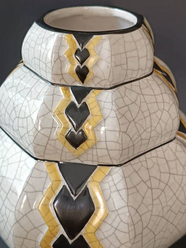 Vase art déco craquelé décor noir et jaune