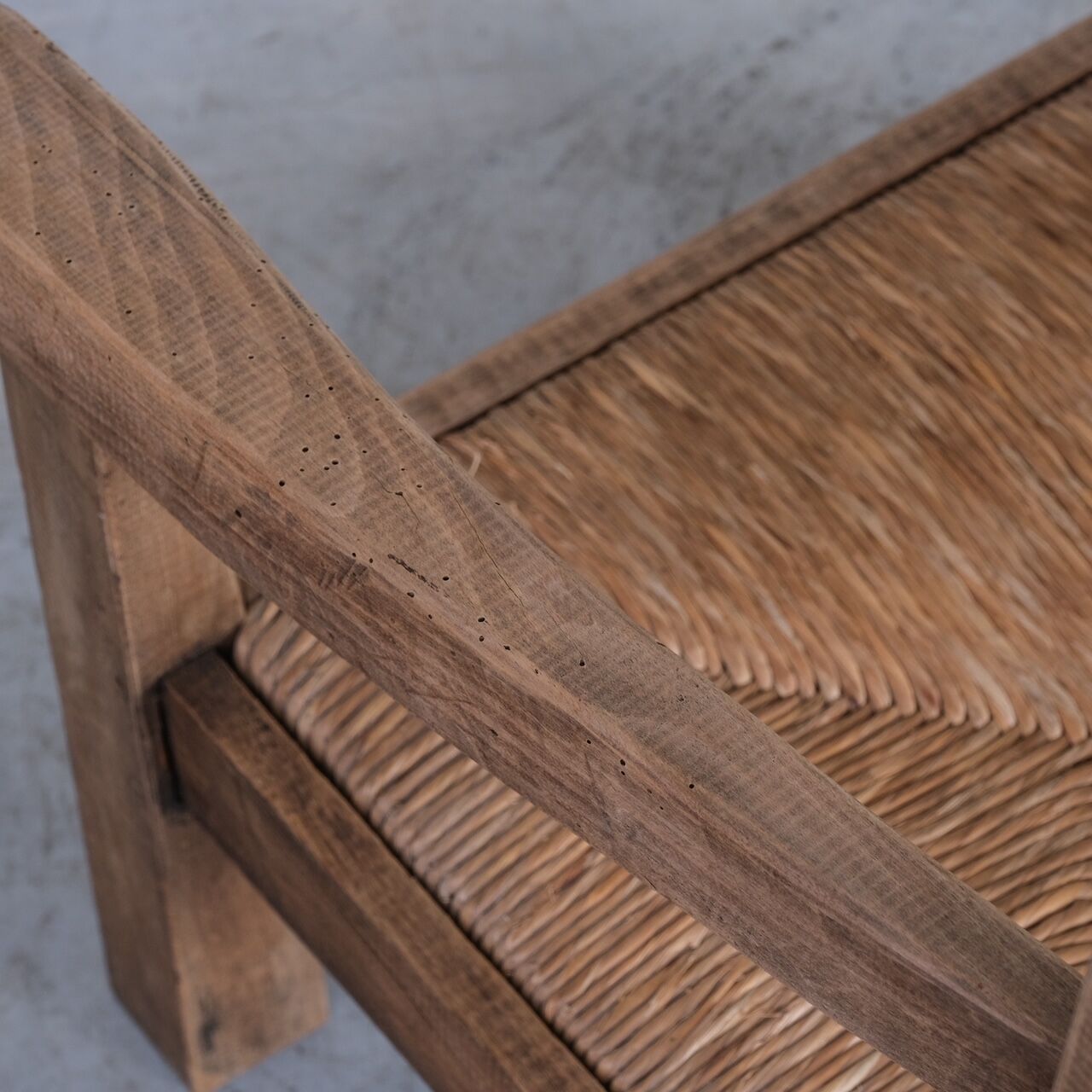 Pair of Mid-Century French Rush Primitive Oak Armchairs