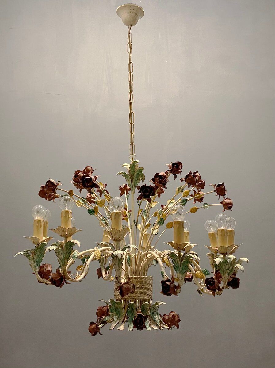 Large Vintage Italian Tole Flower Chandelier with 12 Lights