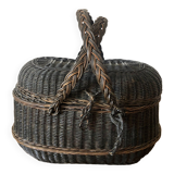 Old black picnic basket, lined inside
