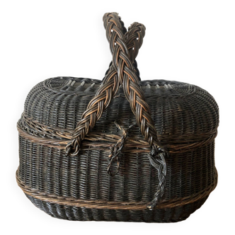 Old black picnic basket, lined inside