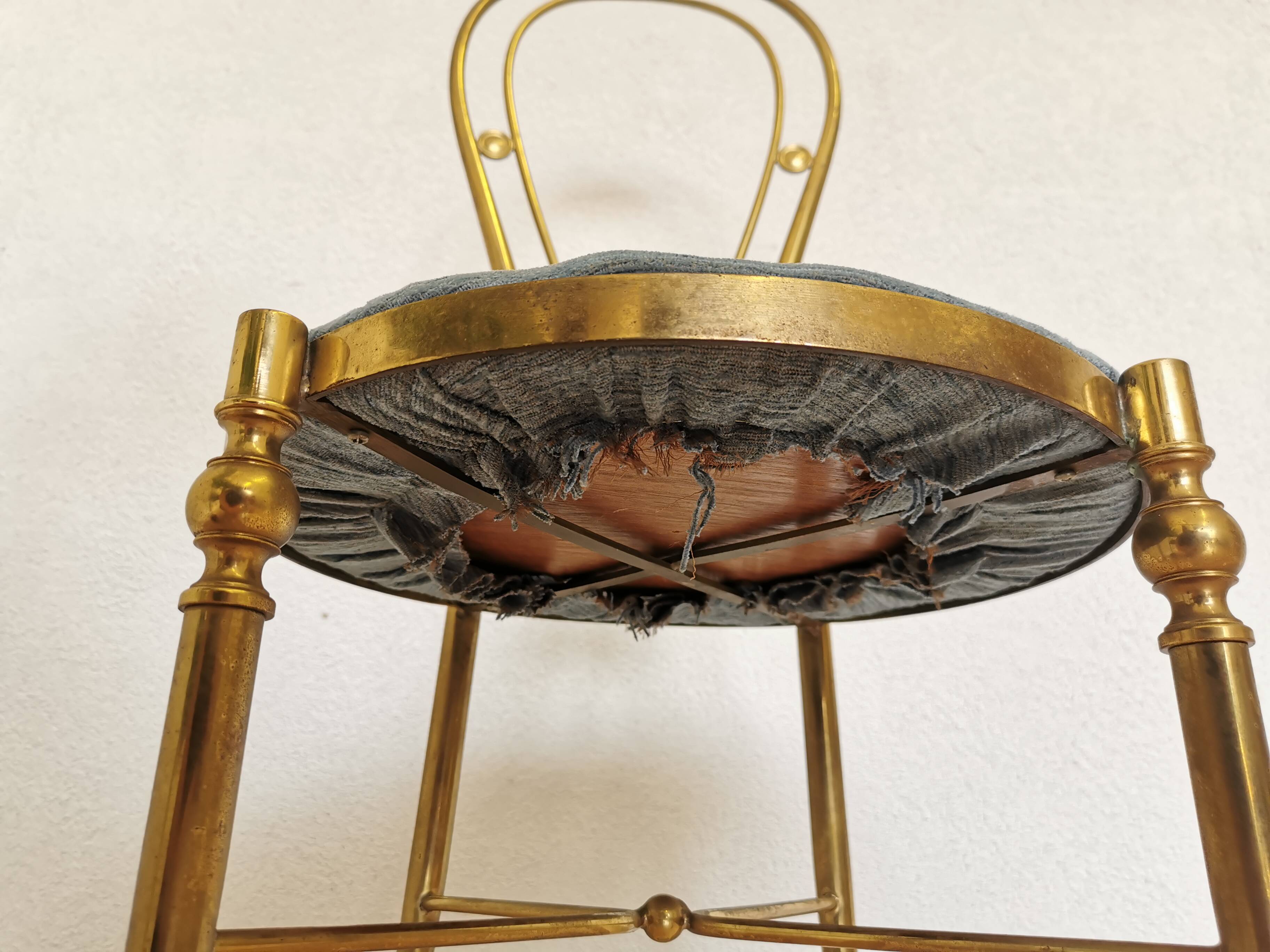 Vintage Paolo Buffa Brass Vanity Chair: Chiavari Style, Blue Fabric, 1950s