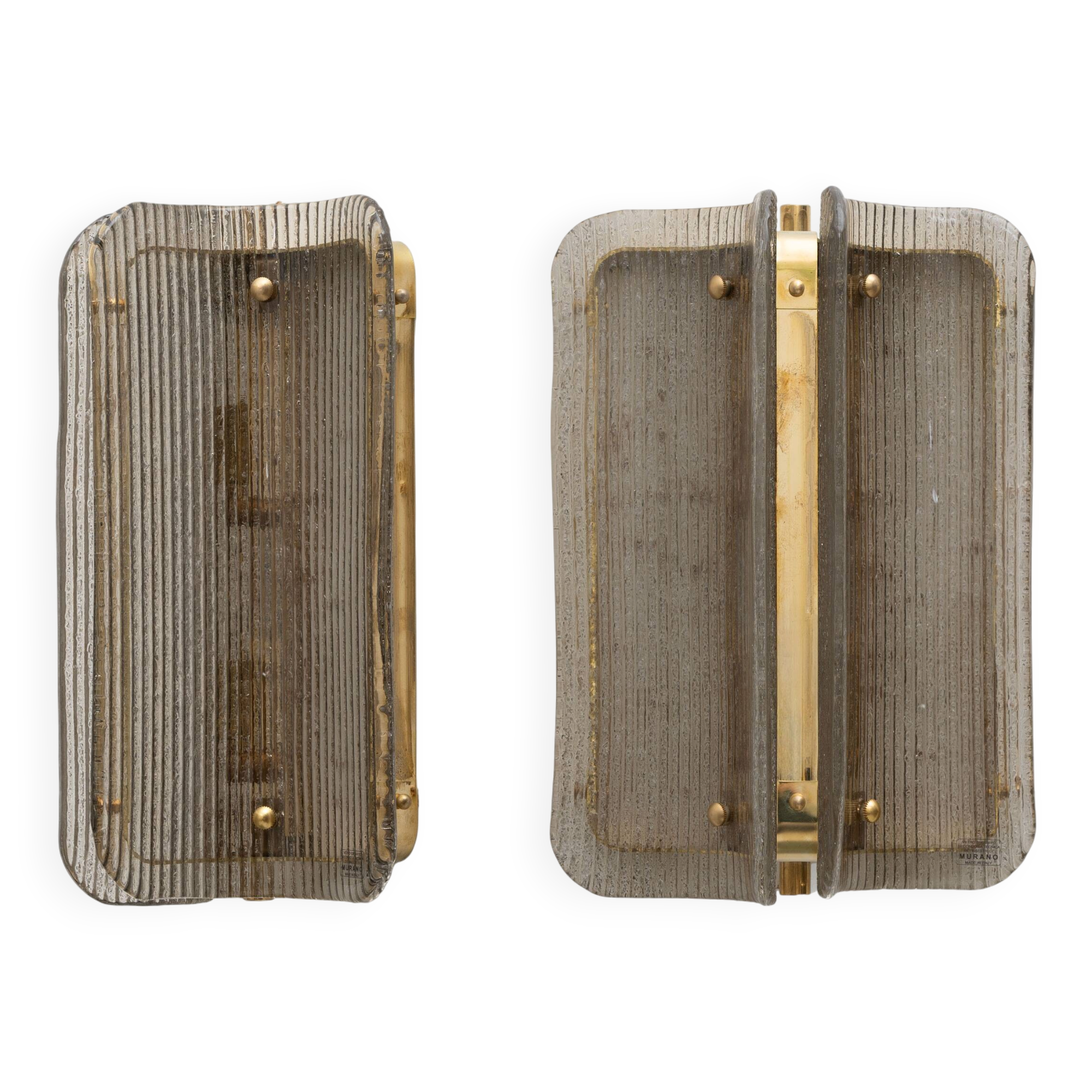 Pair of Curved Ribbed Grey Murano Glass and Brass Wall Sconces