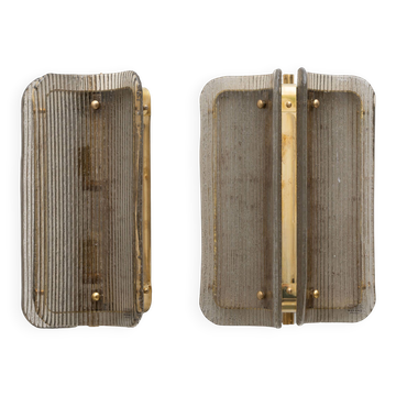Pair of Curved Ribbed Grey Murano Glass and Brass Wall Sconces