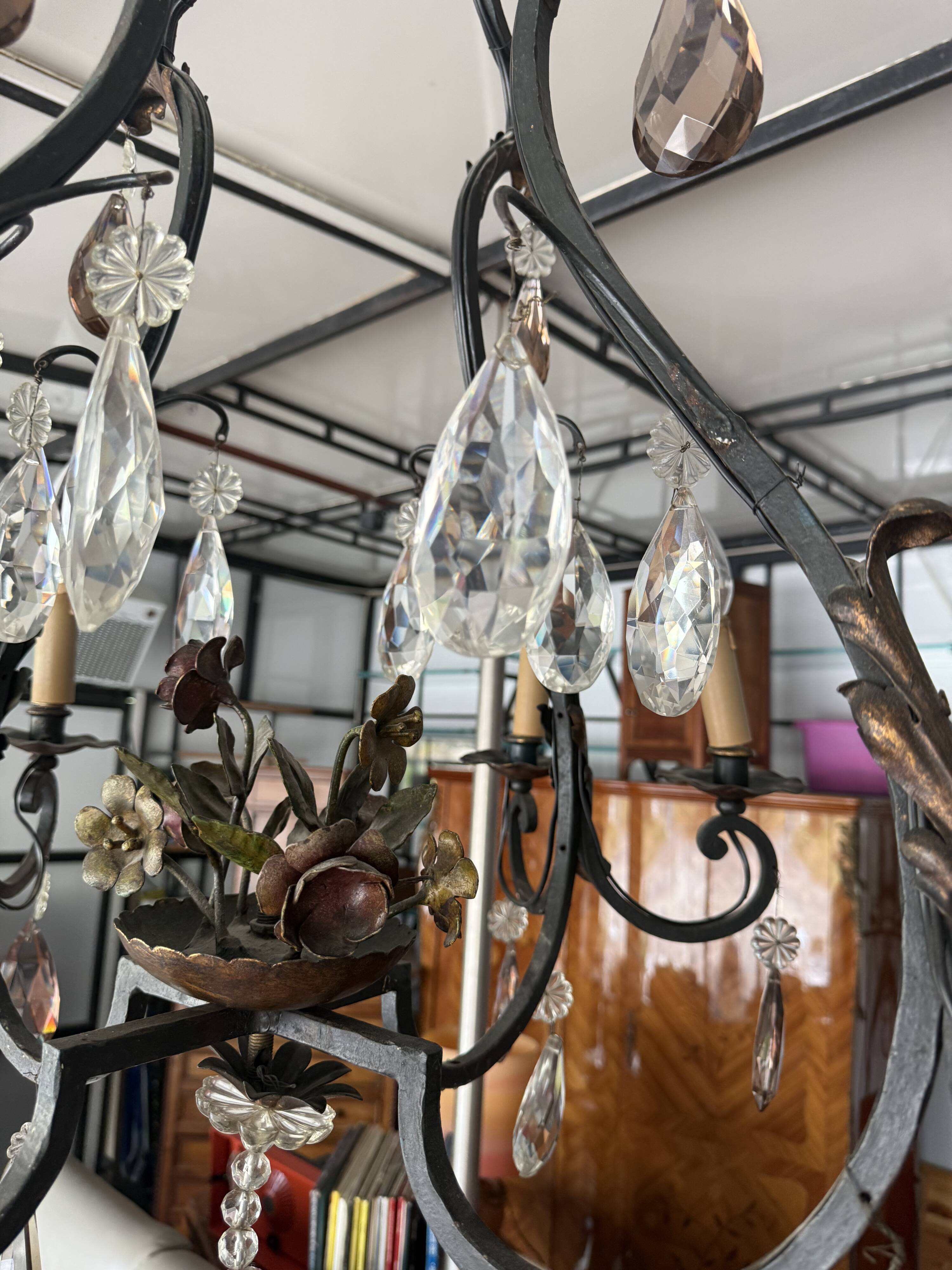 Lustre cage with 8 lights - Louis XV style with flowers 98 X 80