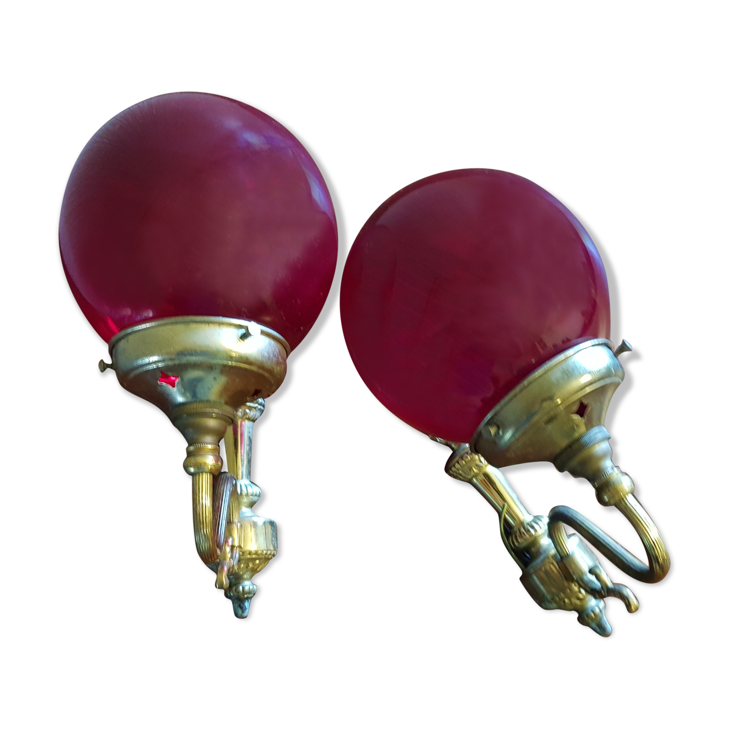 Pair of vintage brass wall light and cherry red globe