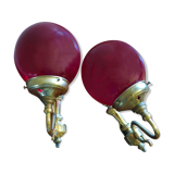 Pair of vintage brass wall light and cherry red globe