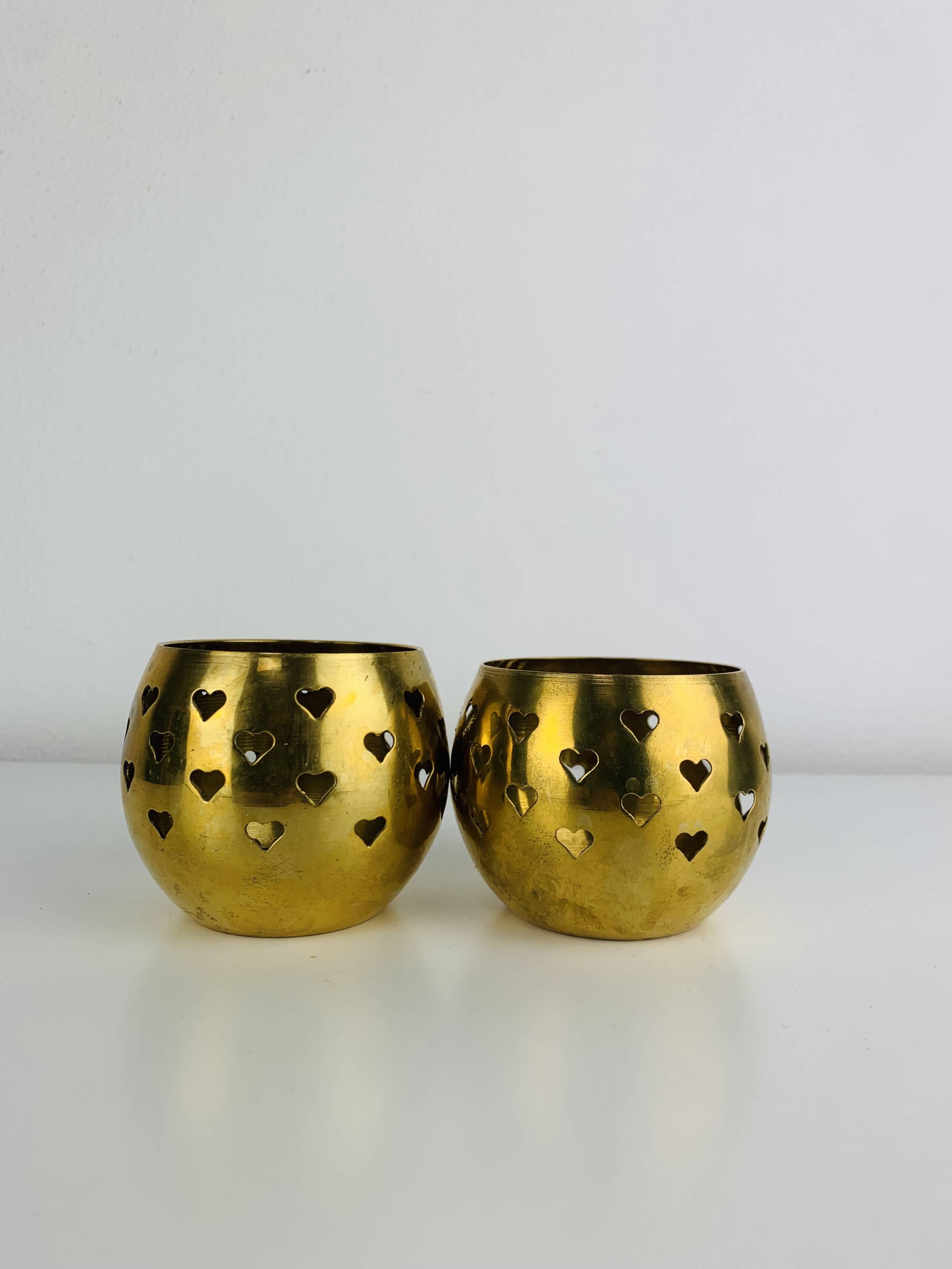 Pair of vintage openwork brass candle holders/votive candlesticks, gilded