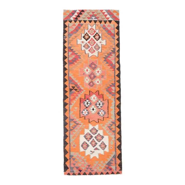 1970s Turkish Oushak Handmade Wool Cotton Orange Runner Rug 95x254