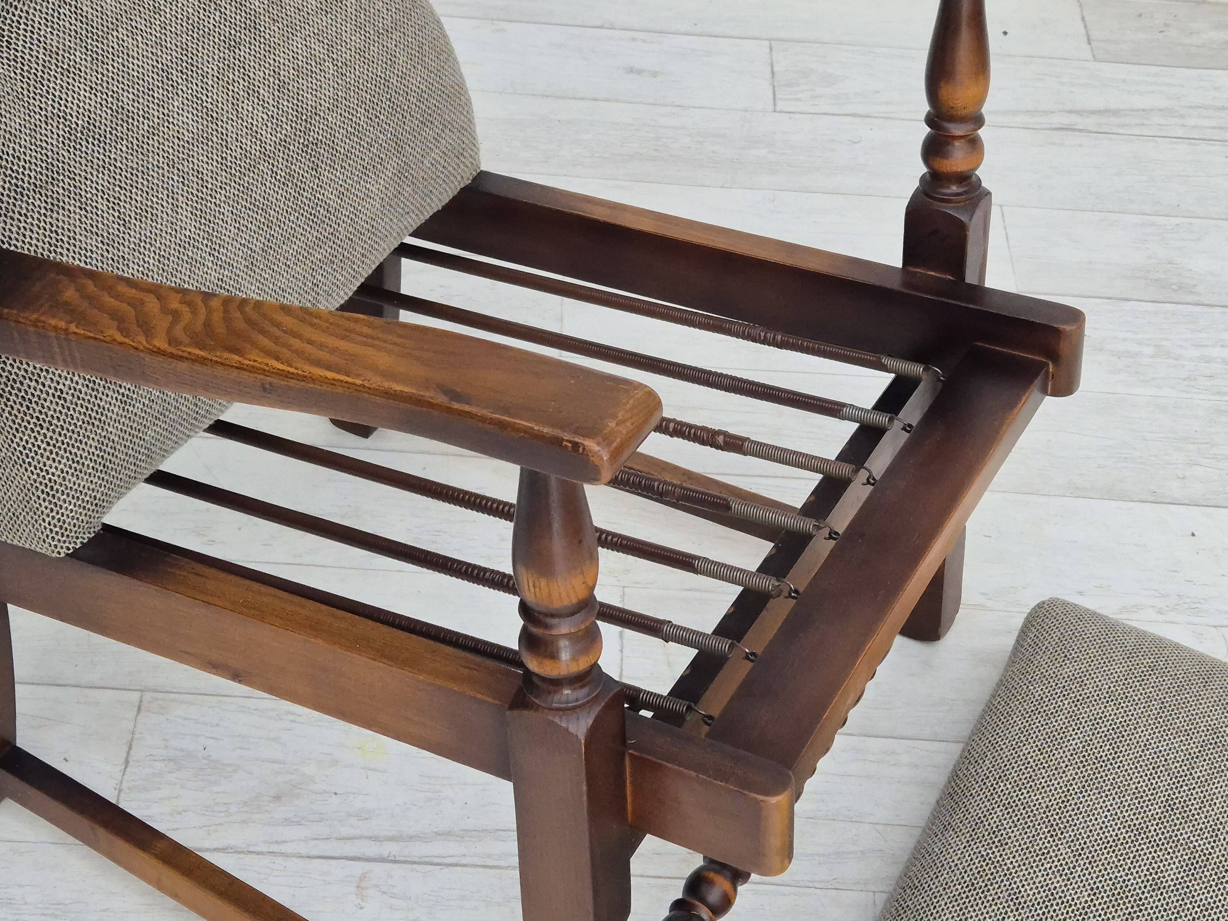 1960s, Scandinavian design, reupholstered high-back armchair, furniture wool, oak wood.