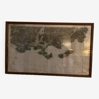 Grande carte de la région de Toulon Hyéres dans un cadre ancien en pitchpin