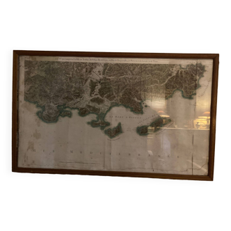 Grande carte de la région de Toulon Hyéres dans un cadre ancien en pitchpin