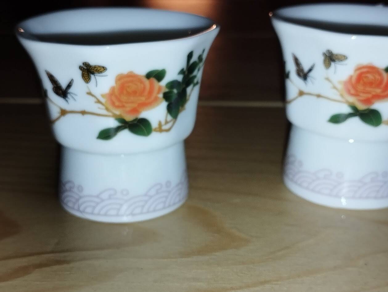 Pair of antique glass egg cups – Floral & insect decoration – Po