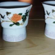 Pair of antique glass egg cups – Floral & insect decoration – Po