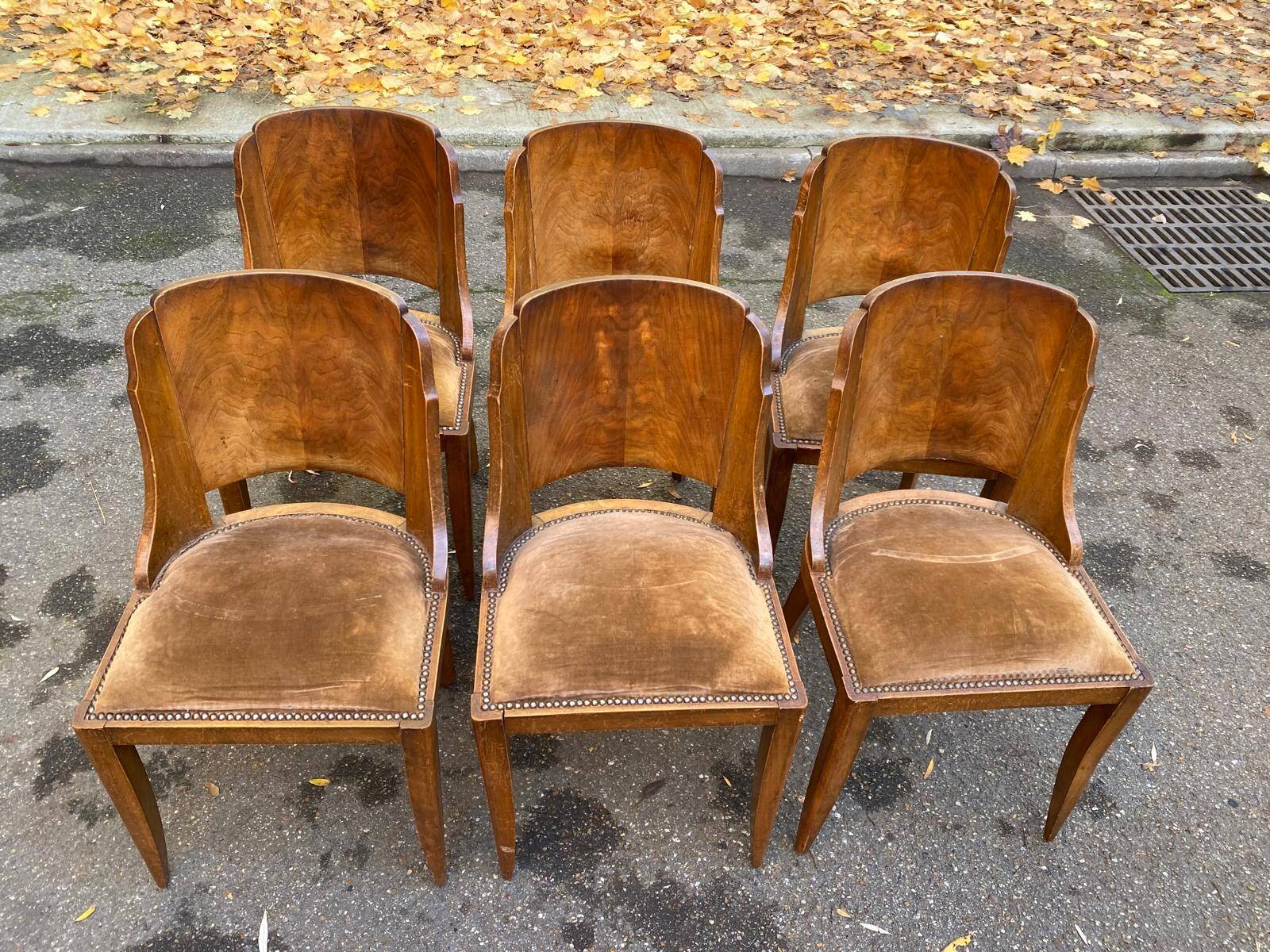 6 Art Deco gondola chairs in solid wood and brown suede