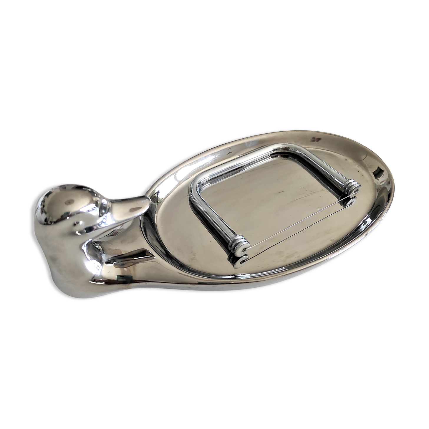 Plateau en porcelaine argentée forme canard pour foie gras avec  son couteau