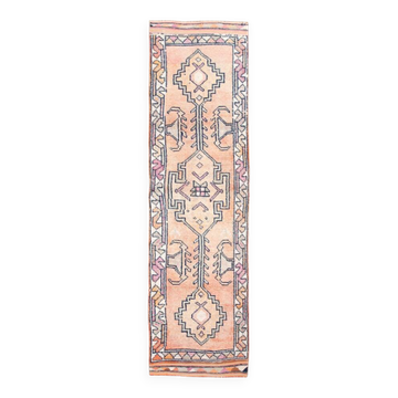 3x11 Pastel Salmon & Pink Runner, Natural Wool Runner Rug, 87x342 Cm