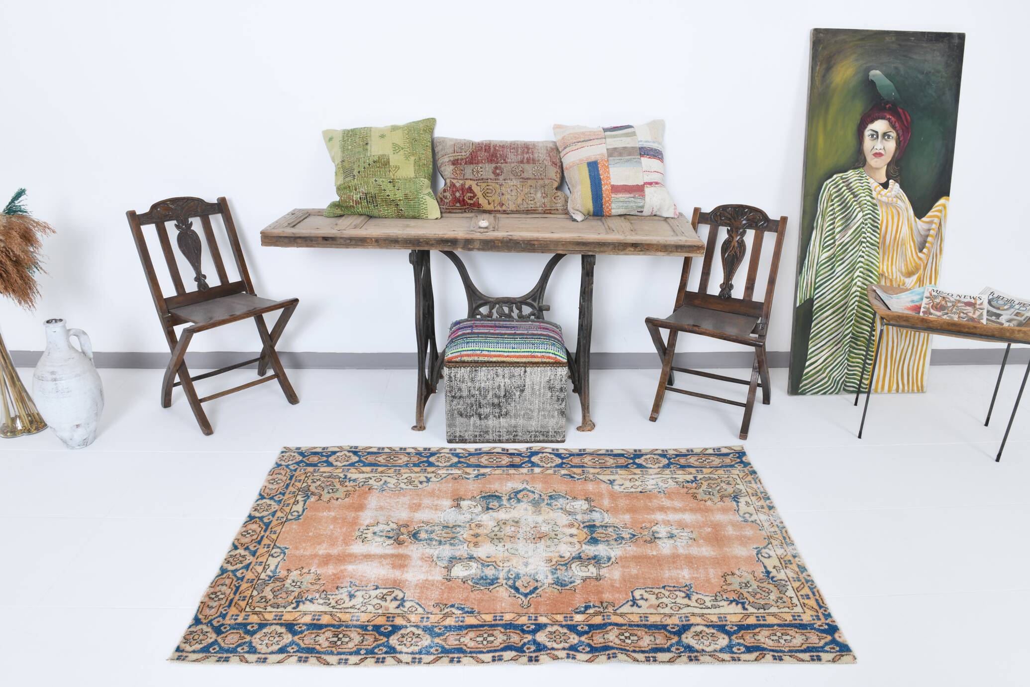 3x6 Rug For Living Room Pale Orange Blue Handmade Turkish Rug, 104x176Cm