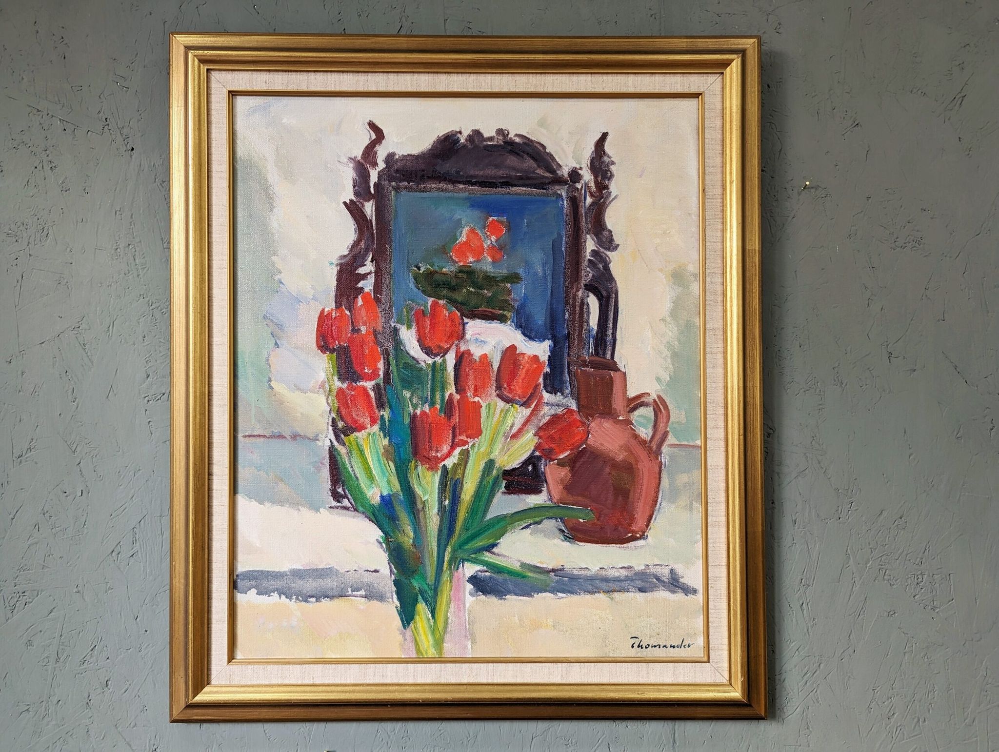 Mid-Century Modern "Window Red Tulips", Swedish Interior Still Life Oil Painting, Framed
